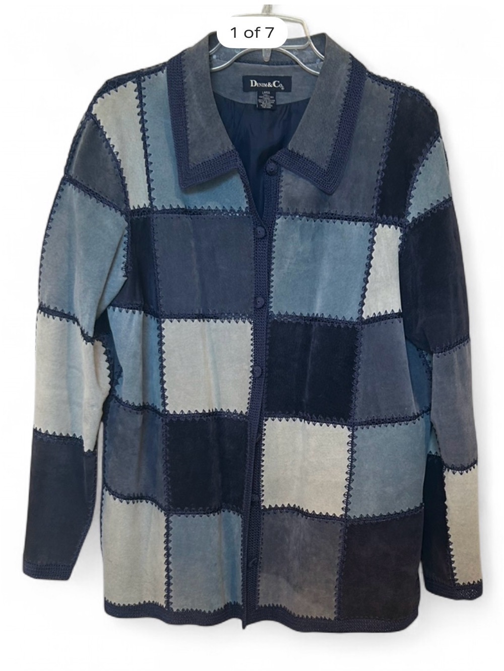 Denim&Co Vintage 90s Suede Patchwork Leather Blue Button Front Boho Jacket